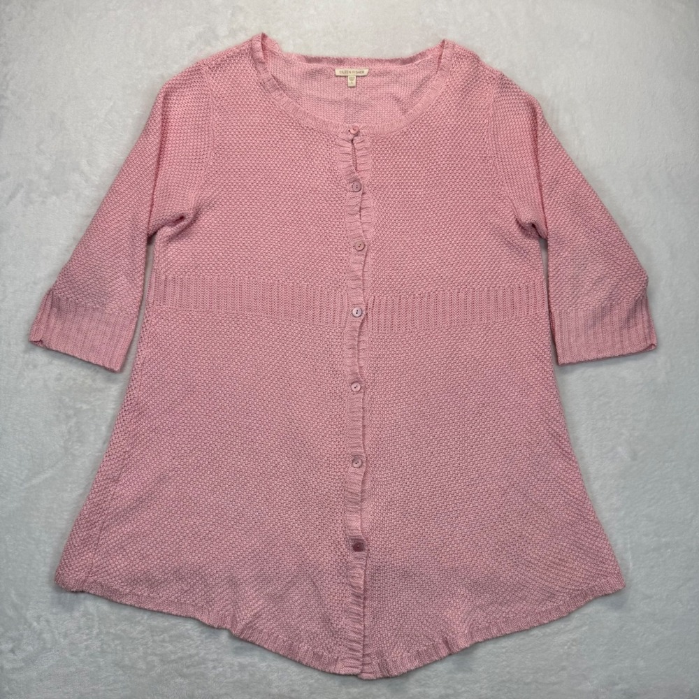 Eileen Fisher Hemp Blend Knit Cardigan Button Front Tunic Top Pink L